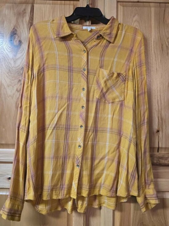 Maurices Tops - Maurices Plaid Button Up Shirt Womens Size XL Yellow Pink Long Sleeve Western C